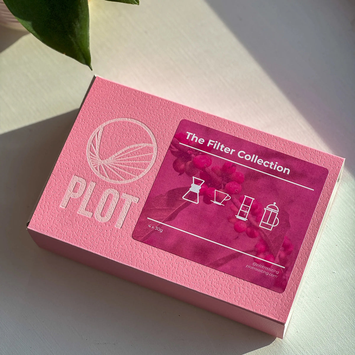 Pink packaging of 'The Filter Collection' by PLOT on a light surface with a plant in the corner.