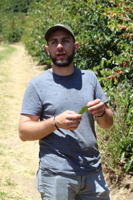 Max Salazar with some coffee trees on Los Cipreses coffee farm in Costa Rica