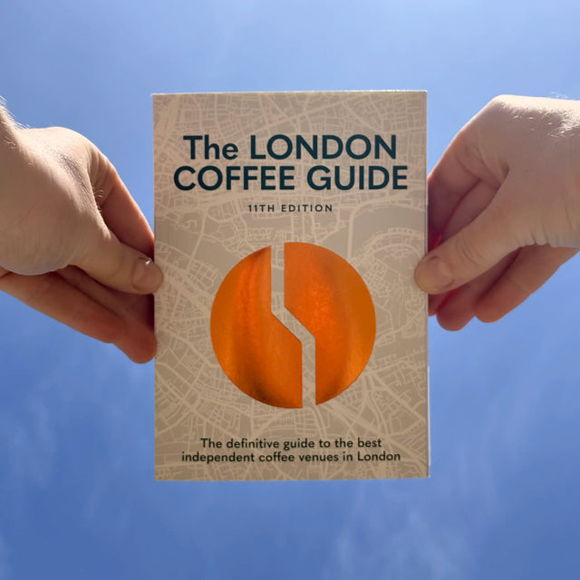 Two hands holding 'The London Coffee Guide' against a blue sky